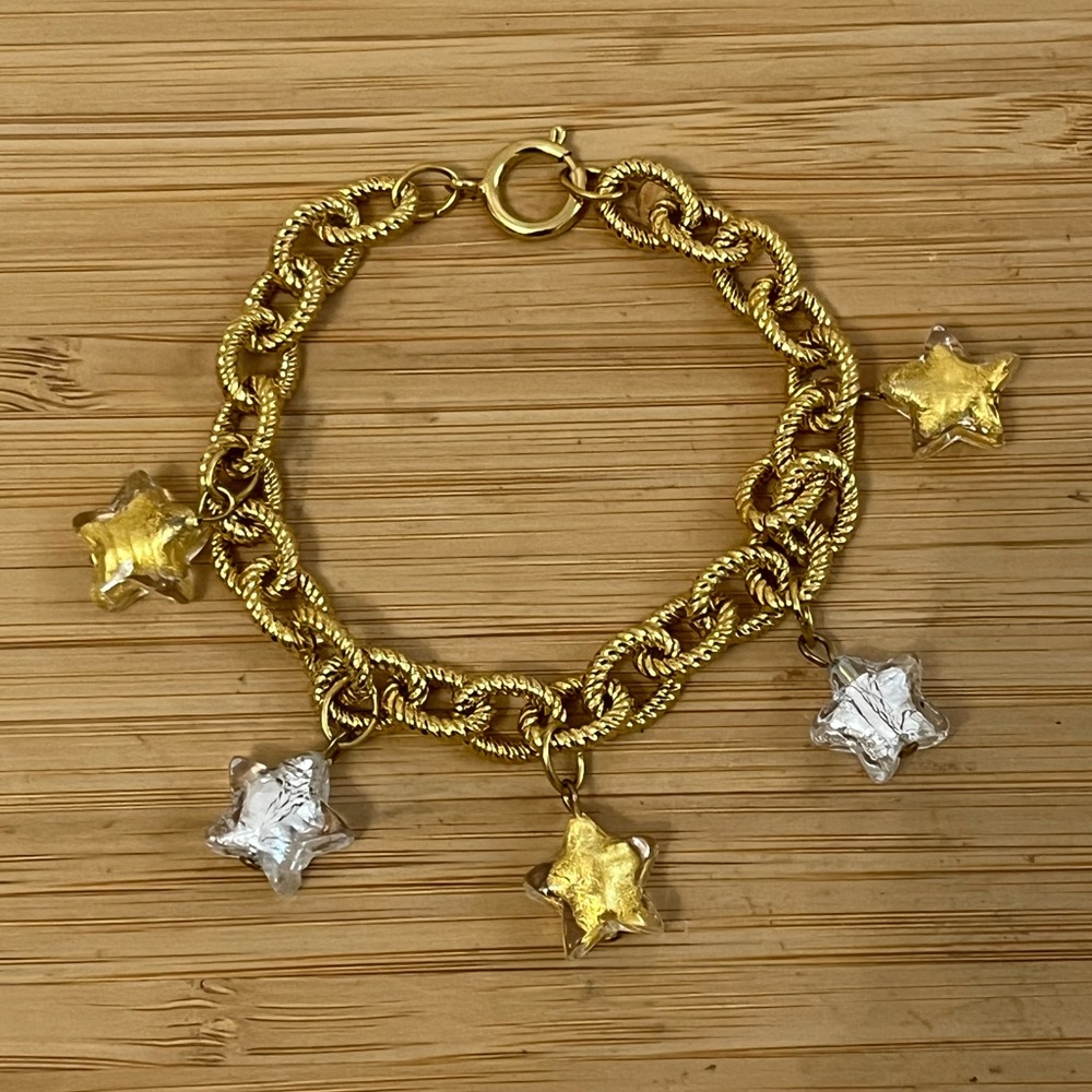 Murano Glass Gold & Silver Stars Dangle Charms Gold Tone Rolo Link Bracelet